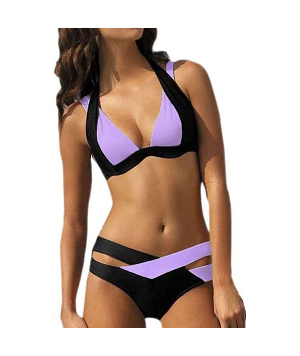 Tankinis Swimsuit Sexy Swimwear Women Swim Beach Wear Print Bandage Swimsuit - Purple - CN18OEEMEZG $32.42