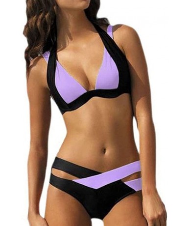 Tankinis Swimsuit Sexy Swimwear Women Swim Beach Wear Print Bandage Swimsuit - Purple - CN18OEEMEZG $32.42