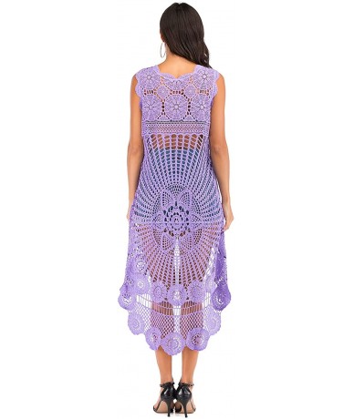 Cover-Ups Women's Boho Crochet Beach Cover Up Summer Lace Tank Top High Low Hem Shirt Dress - Lavender - CV193G2967I $44.71