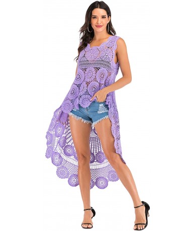 Cover-Ups Women's Boho Crochet Beach Cover Up Summer Lace Tank Top High Low Hem Shirt Dress - Lavender - CV193G2967I $44.71