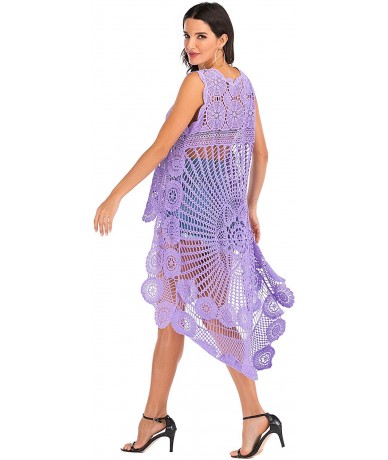 Cover-Ups Women's Boho Crochet Beach Cover Up Summer Lace Tank Top High Low Hem Shirt Dress - Lavender - CV193G2967I $44.71