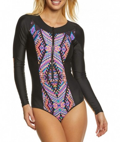 Rash Guards Women's Floral One Piece Swimsuit Zip Front UV Protection Rashguard - Purple African Print - C01947MM0OI $55.67