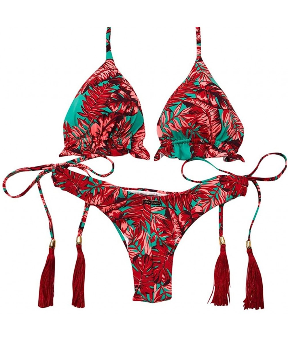 Sets Womens Sexy Summer Bikini Solid Separate Swimwear Side Tie Padded Bikini Set Sexy Strap Swimsuit Bathing Suits Red - CI1...