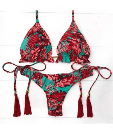 Sets Womens Sexy Summer Bikini Solid Separate Swimwear Side Tie Padded Bikini Set Sexy Strap Swimsuit Bathing Suits Red - CI1...