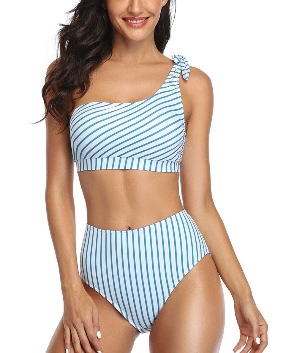 One-Pieces Women Two Piece Bikini Sets High Waisted Swimsuit Ruffle One Shoulder Beachwear - Blue Stripe - C01966HXZWY $40.96