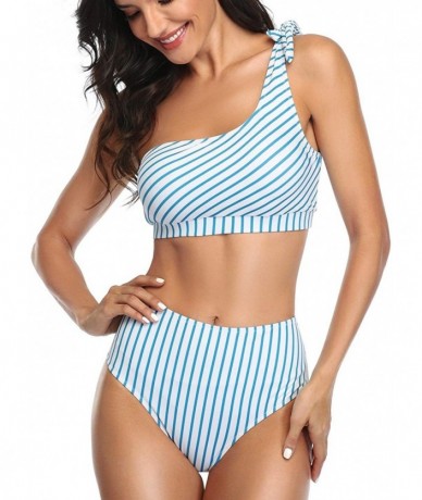 One-Pieces Women Two Piece Bikini Sets High Waisted Swimsuit Ruffle One Shoulder Beachwear - Blue Stripe - C01966HXZWY $40.96