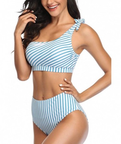 One-Pieces Women Two Piece Bikini Sets High Waisted Swimsuit Ruffle One Shoulder Beachwear - Blue Stripe - C01966HXZWY $40.96