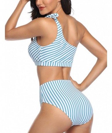 One-Pieces Women Two Piece Bikini Sets High Waisted Swimsuit Ruffle One Shoulder Beachwear - Blue Stripe - C01966HXZWY $40.96