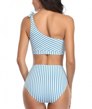 One-Pieces Women Two Piece Bikini Sets High Waisted Swimsuit Ruffle One Shoulder Beachwear - Blue Stripe - C01966HXZWY $40.96