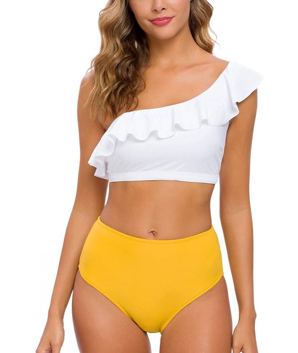 One-Pieces Women Two Piece Bikini Sets High Waisted Swimsuit Ruffle One Shoulder Beachwear - White+yellow - C218ZTHZ3RQ $40.42