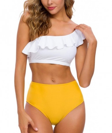 One-Pieces Women Two Piece Bikini Sets High Waisted Swimsuit Ruffle One Shoulder Beachwear - White+yellow - C218ZTHZ3RQ $40.42