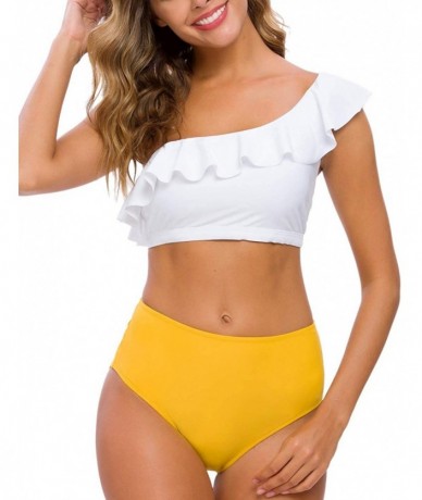 One-Pieces Women Two Piece Bikini Sets High Waisted Swimsuit Ruffle One Shoulder Beachwear - White+yellow - C218ZTHZ3RQ $40.42