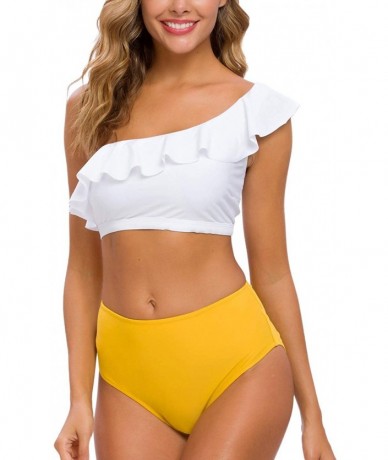 One-Pieces Women Two Piece Bikini Sets High Waisted Swimsuit Ruffle One Shoulder Beachwear - White+yellow - C218ZTHZ3RQ $40.42