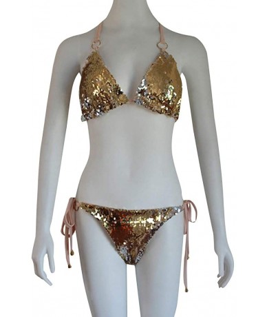 Sets Swimwear for Womens- Sexy Swimming Two Piece Sequin Rhinestone Crystal Diamond Push-up Set Swimsuit Bikini - Gold - CL18...