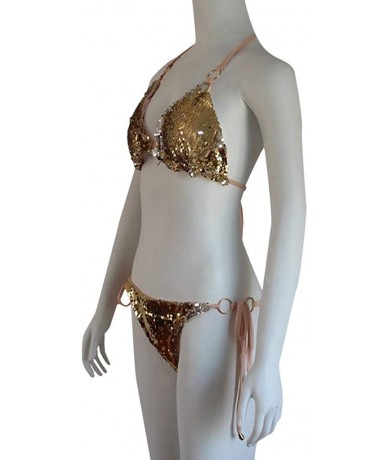 Sets Swimwear for Womens- Sexy Swimming Two Piece Sequin Rhinestone Crystal Diamond Push-up Set Swimsuit Bikini - Gold - CL18...