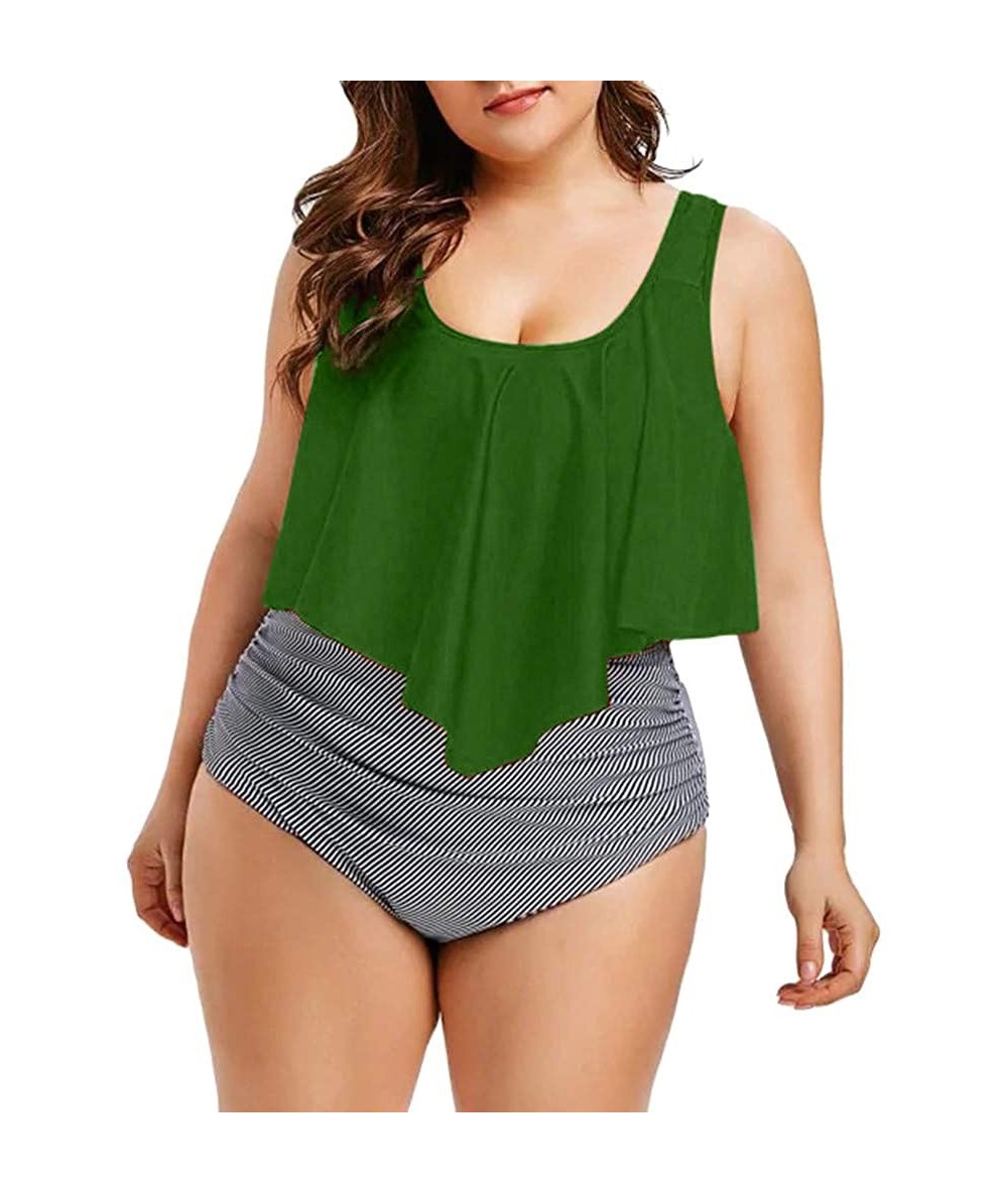 Sets Women Two Piece High Waisted Ruched Flounce Bikini Set Plus Size Ruffled Swimsuit Swimwear - 02 Green - CN1955AEAUT $32.60