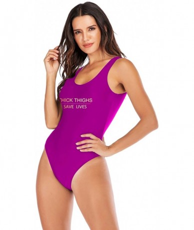 One-Pieces Women Thick Thighs Save Lives One Piece Swimwear Letter Printing California High Cut Bathing Suit - Purple & Gold ...