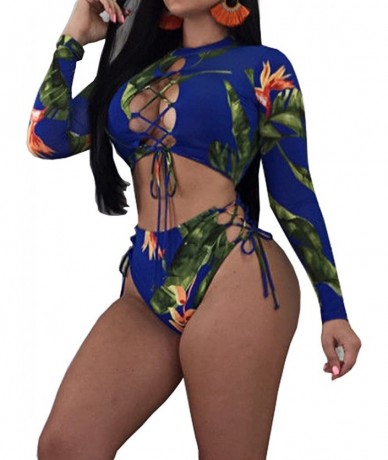 Tankinis Women Floral Long Sleeve Tie Side 2-Pieces Swimsuit Bathing Suit Swimwear - Navy Blue - CA18RRRZITQ $34.35