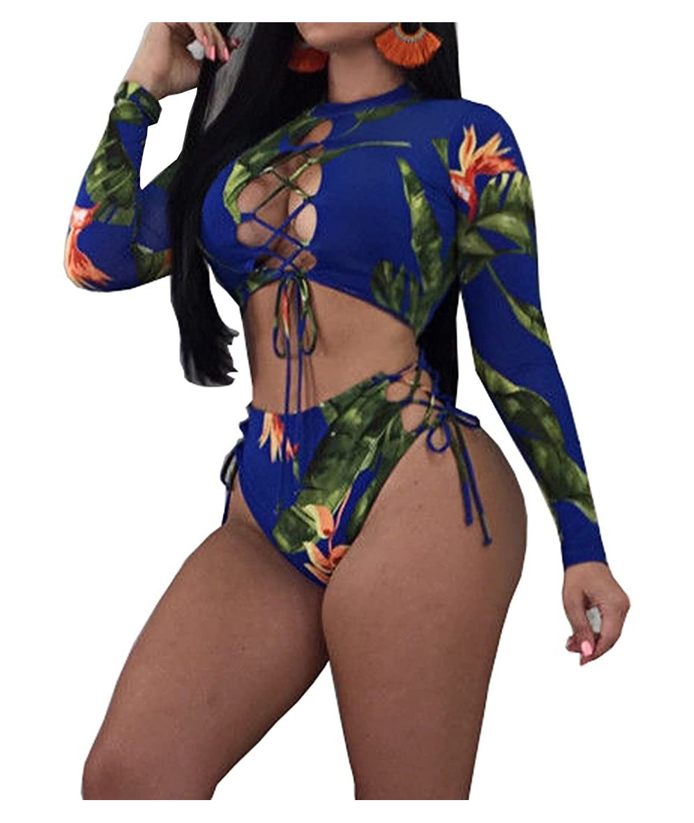 Tankinis Women Floral Long Sleeve Tie Side 2-Pieces Swimsuit Bathing Suit Swimwear - Navy Blue - CA18RRRZITQ $34.35