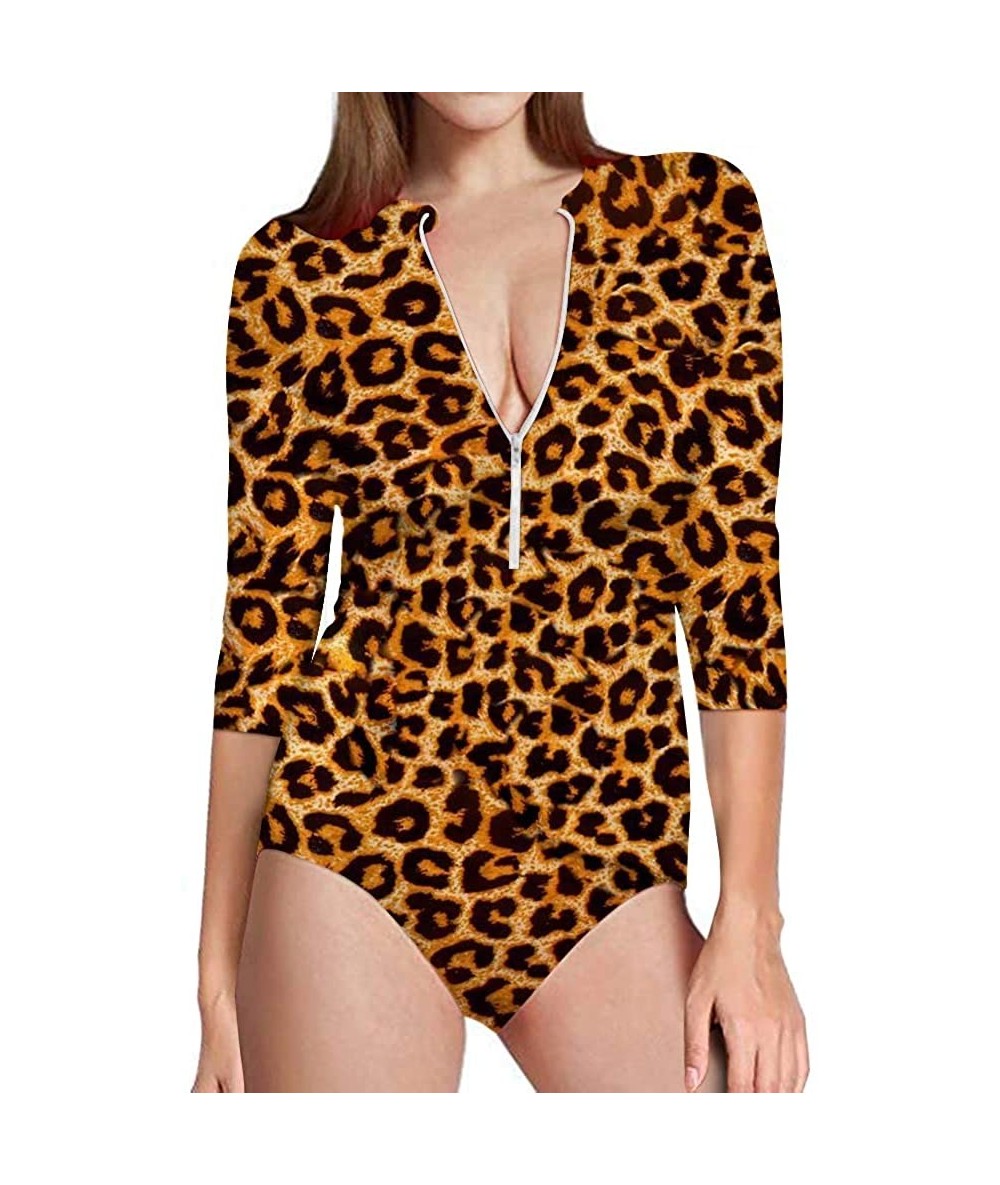 Racing Womens 3/4 Long Sleeve Rash Guard One Piece Swimsuit Slim Fit Bathing Suits - Leopard-1 - C518R7KG84R $56.54