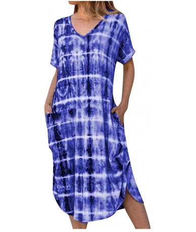 Cover-Ups Summer Dresses for Women Plus Size V Neck Tie Dyeing Print Dress Casual Short Sleeve Dress Beach Boho Dress Y d Blu...