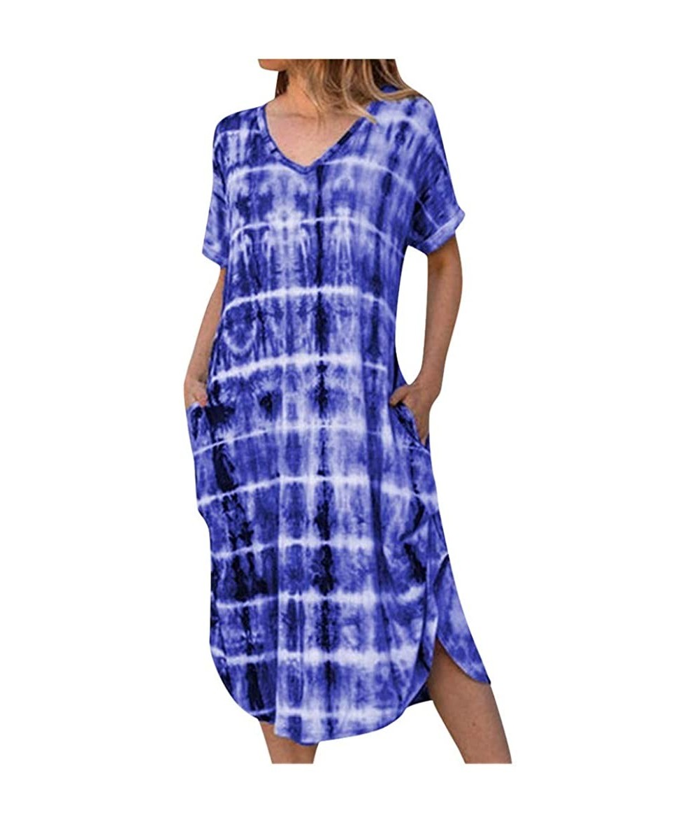 Cover-Ups Summer Dresses for Women Plus Size V Neck Tie Dyeing Print Dress Casual Short Sleeve Dress Beach Boho Dress Y d Blu...