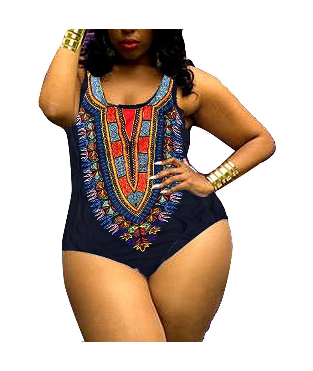 One-Pieces Women's Plus Size Dashiki African Print Tank Top One Piece Bikini Bathing Suits Swimwear - Black-1 - CK18O23KTIN $...