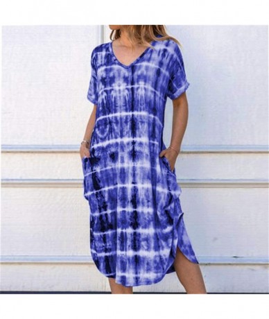 Cover-Ups Summer Dresses for Women Plus Size V Neck Tie Dyeing Print Dress Casual Short Sleeve Dress Beach Boho Dress Y d Blu...