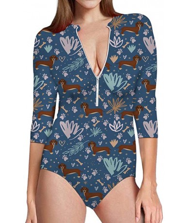 One-Pieces Sexy Womens Zip Front Rashguard 3/4 Sleeve Swimsuit Sun Protection Beachwear - Playful Dachshund - CO18R7D0EWW $57.76