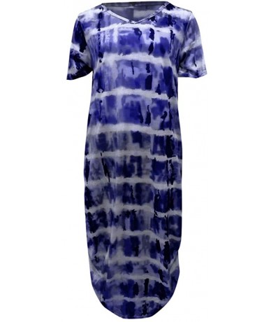 Cover-Ups Summer Dresses for Women Plus Size V Neck Tie Dyeing Print Dress Casual Short Sleeve Dress Beach Boho Dress Y d Blu...