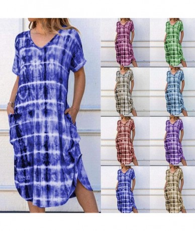 Cover-Ups Summer Dresses for Women Plus Size V Neck Tie Dyeing Print Dress Casual Short Sleeve Dress Beach Boho Dress Y d Blu...