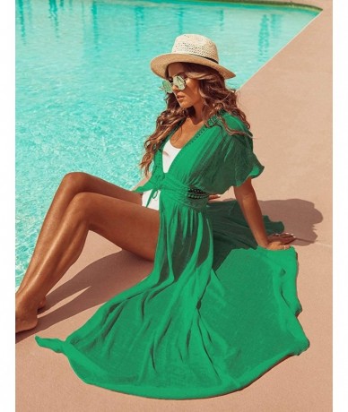 Cover-Ups Women Solid Color Long Beach Kimono Cardigan Open Front Bikini Swimsuit Cover Up - I-green - CF197AKQTGK $44.61