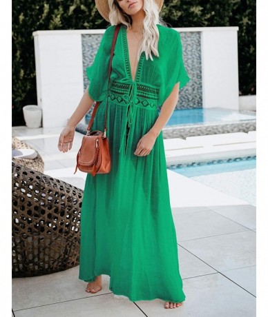 Cover-Ups Women Solid Color Long Beach Kimono Cardigan Open Front Bikini Swimsuit Cover Up - I-green - CF197AKQTGK $44.61