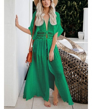 Cover-Ups Women Solid Color Long Beach Kimono Cardigan Open Front Bikini Swimsuit Cover Up - I-green - CF197AKQTGK $44.61