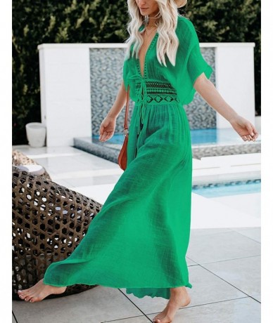 Cover-Ups Women Solid Color Long Beach Kimono Cardigan Open Front Bikini Swimsuit Cover Up - I-green - CF197AKQTGK $44.61