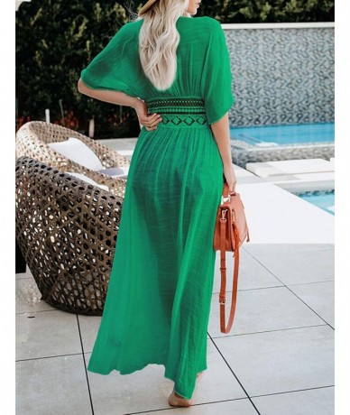 Cover-Ups Women Solid Color Long Beach Kimono Cardigan Open Front Bikini Swimsuit Cover Up - I-green - CF197AKQTGK $44.61