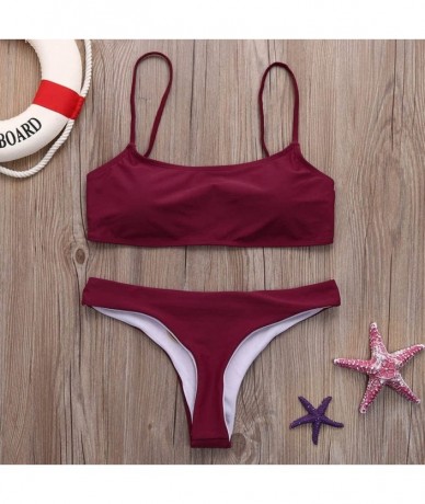 Sets Women Swimsuit Two Piece Bandage Bikini Set Push-Up Brazilian Swimwear Beachwear Swimsuit Bathing Suits - Wine - CF18LT8...