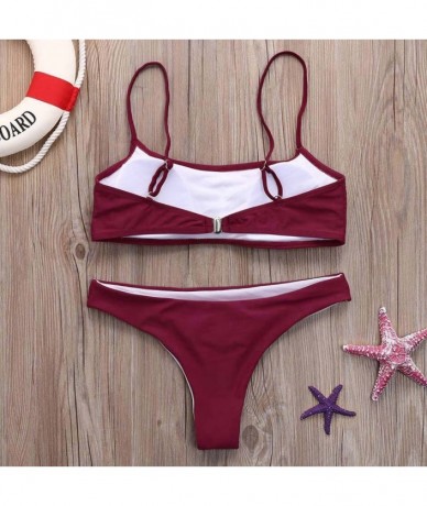 Sets Women Swimsuit Two Piece Bandage Bikini Set Push-Up Brazilian Swimwear Beachwear Swimsuit Bathing Suits - Wine - CF18LT8...