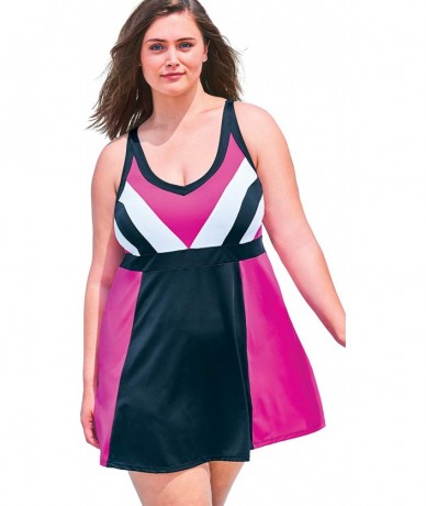 One-Pieces Women's Plus Size Colorblock Swimdress Swimsuit - Pink Black Colorblock (0040) - C2195S9IH42 $51.12