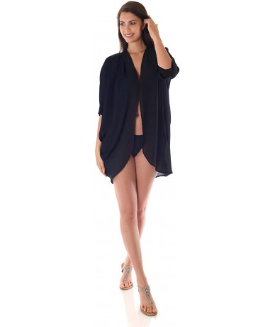 Cover-Ups Women's Solid Chiffon Kimono Cardigan Swimwear Cover-Ups (Size S - 5X) - Black - CN18UYQ3SKK $43.79