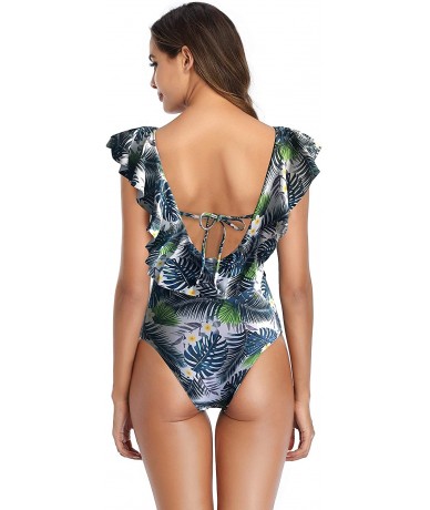 One-Pieces Women's One Piece Swimsuit Deep V-Neck Ruffle Monokini Swimwear Padded Bathing Suit - M-1 - CW193WUYG4K $51.21