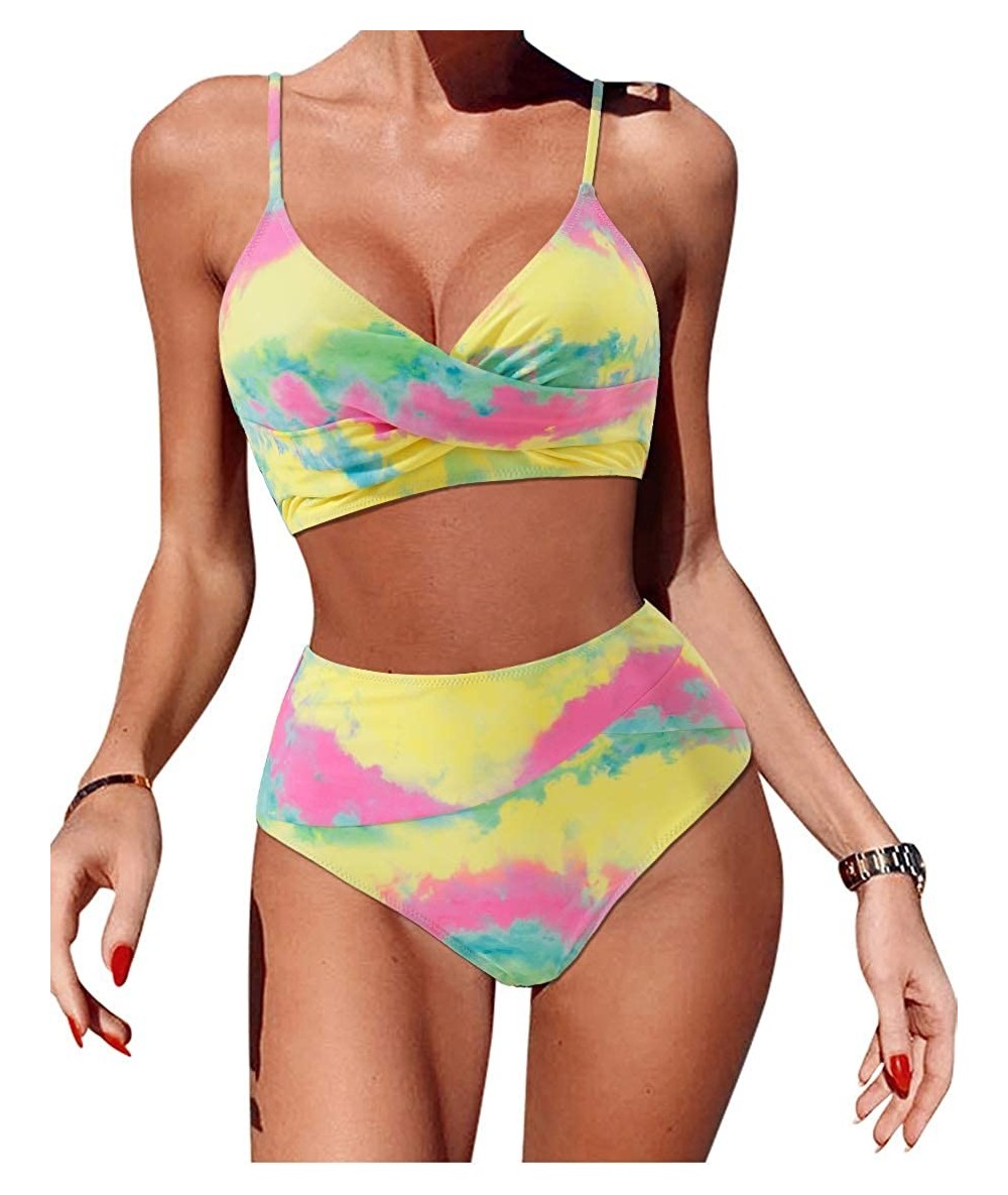 Sets Women Twist High Waisted Bikini Sexy Push Up Criss Cross Swimsuits 2 Piece - 78 Yellow Tie Dye - CE199XD8W7C $45.04