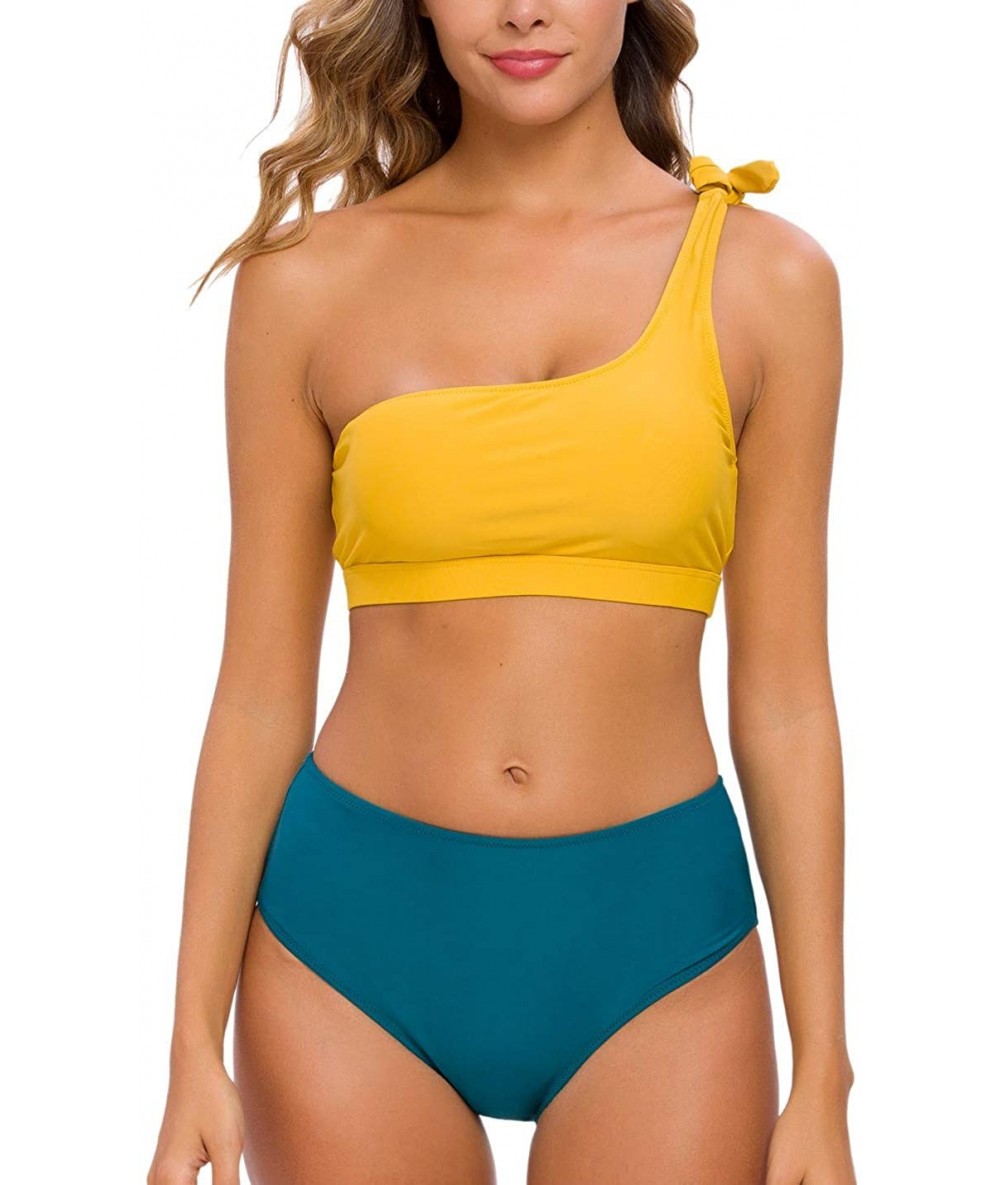 One-Pieces Women Two Piece Bikini Sets High Waisted Swimsuit Ruffle One Shoulder Beachwear - Mustard+hunterbr - CO18ZTHWG07 $...