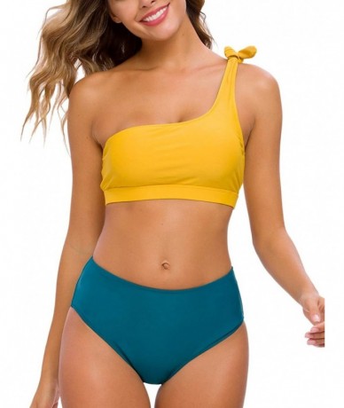 One-Pieces Women Two Piece Bikini Sets High Waisted Swimsuit Ruffle One Shoulder Beachwear - Mustard+hunterbr - CO18ZTHWG07 $...