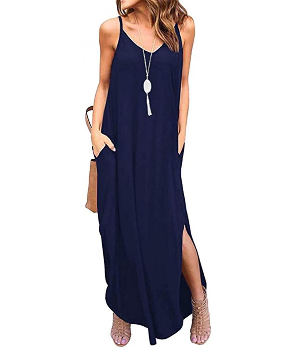 Cover-Ups Womens Sleeveless Strappy Cami Maxi Long Dress V Neck with Pockets Beach Cover Up Slits - 01-navy Blue - CO18OWE76C...