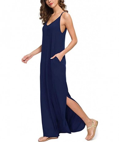 Cover-Ups Womens Sleeveless Strappy Cami Maxi Long Dress V Neck with Pockets Beach Cover Up Slits - 01-navy Blue - CO18OWE76C...