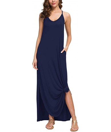 Cover-Ups Womens Sleeveless Strappy Cami Maxi Long Dress V Neck with Pockets Beach Cover Up Slits - 01-navy Blue - CO18OWE76C...