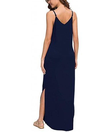 Cover-Ups Womens Sleeveless Strappy Cami Maxi Long Dress V Neck with Pockets Beach Cover Up Slits - 01-navy Blue - CO18OWE76C...