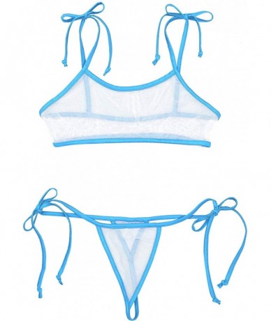 Sets Women's See Through Mesh Bikini Set Self-tie Bra Top Mini Micro Thongs Swimwear Swimsuit - White&blue - C418X5U3EXA $32.39