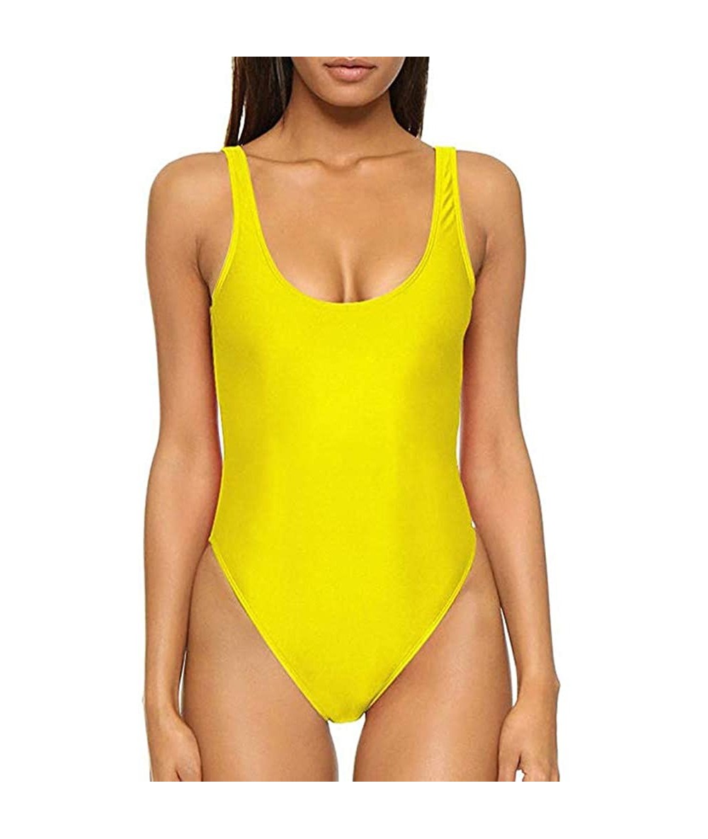 One-Pieces Women's One Piece Swimsuits Strappy Monokini Bathing Suits Backless Scoop Neck Tummy Control Swimsuit - Yellow - C...